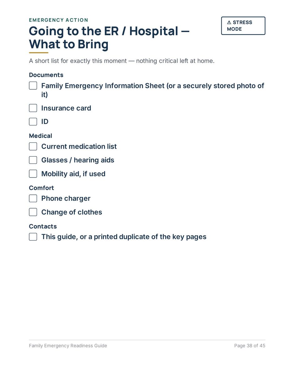 Family Emergency Readiness Guide interior page, Going to the ER or Hospital, What to Bring