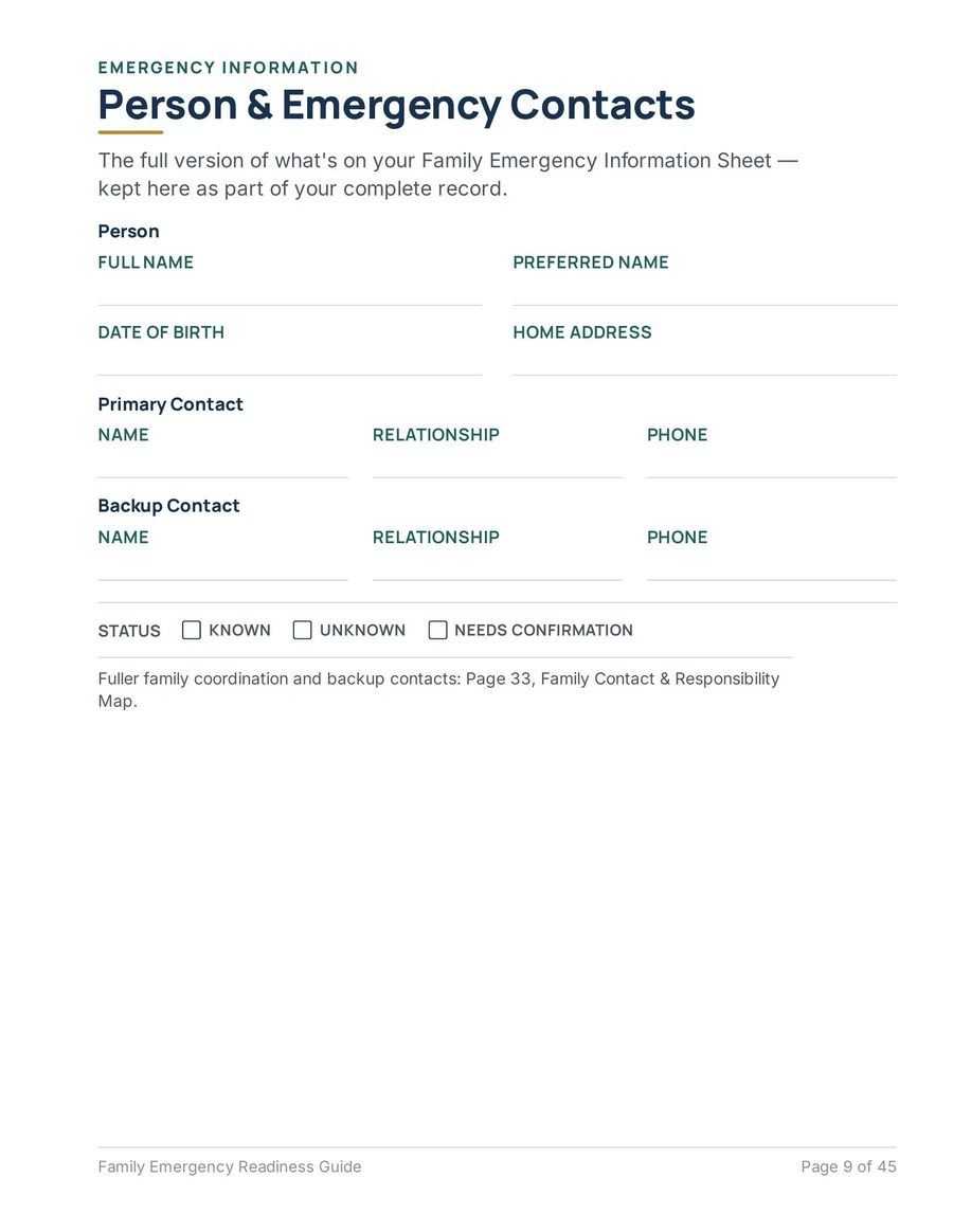 Family Emergency Readiness Guide interior page showing Person & Emergency Contacts