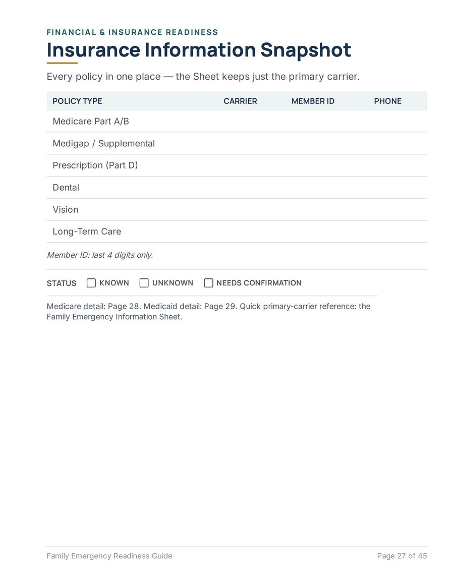 Family Emergency Readiness Guide interior page showing Insurance Information Snapshot