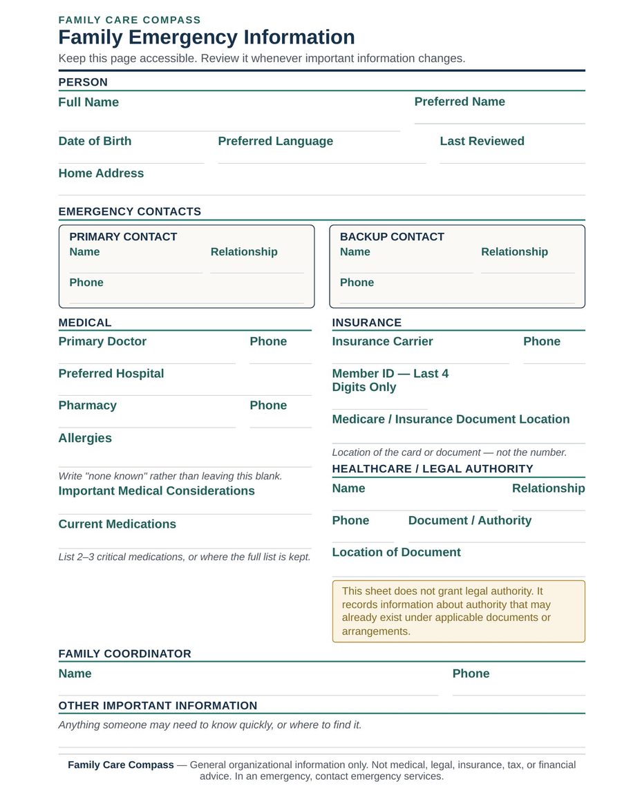 Family Care Compass Emergency Information Sheet — standalone one-page document